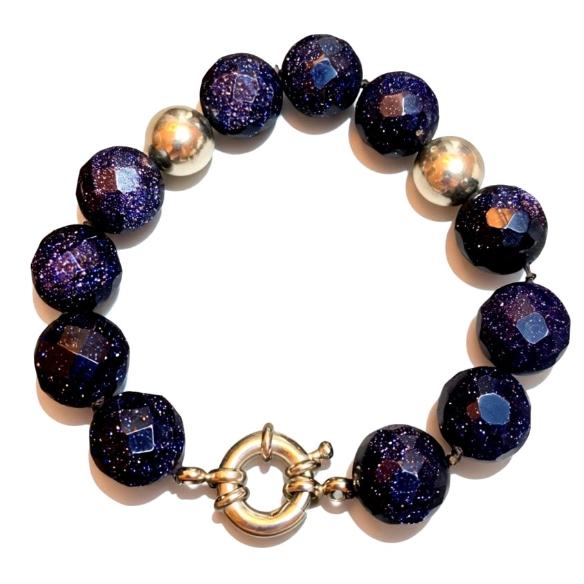 Blue Goldstone And Silver Bead Bracelet 7 Inches 16$